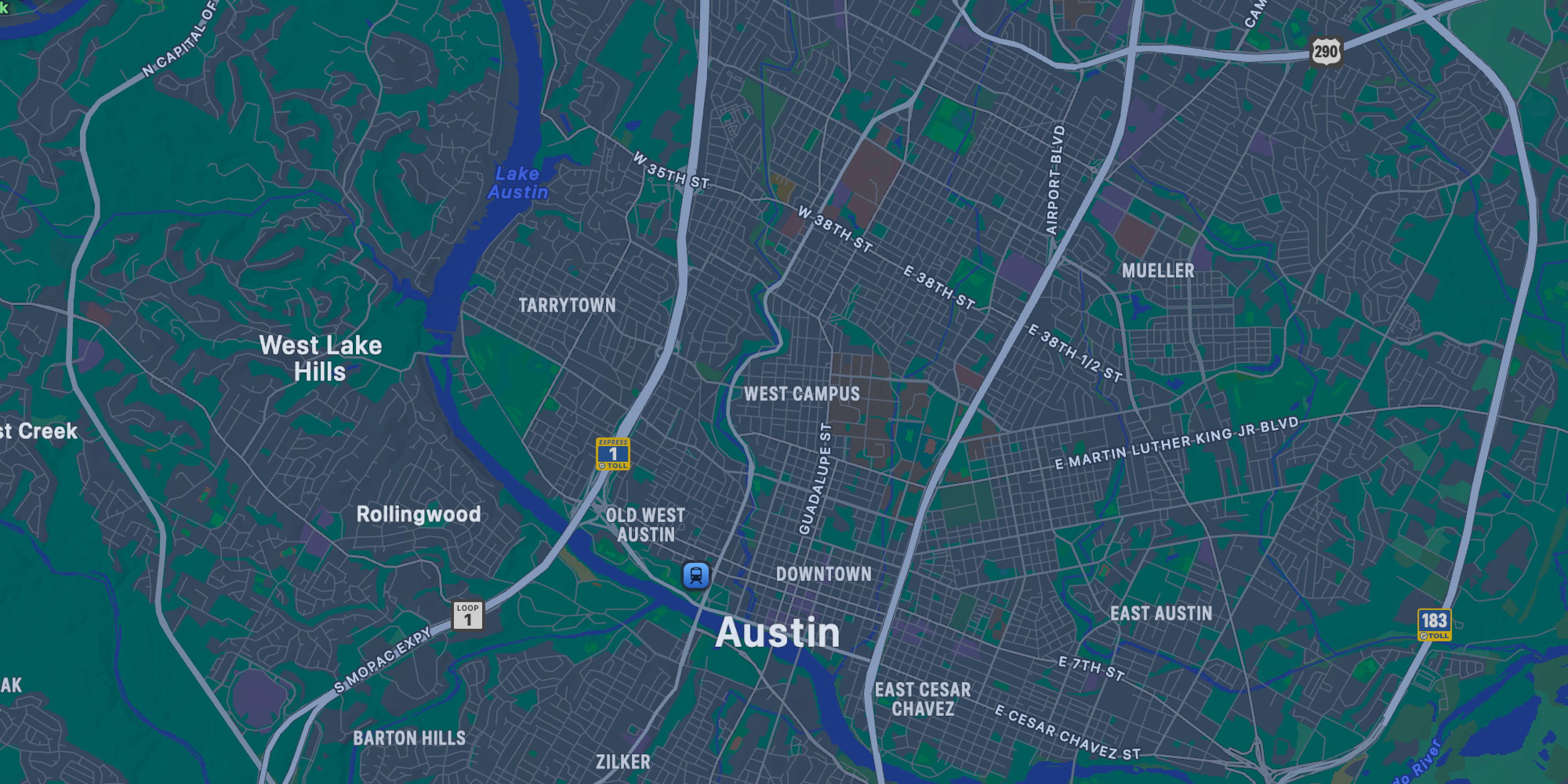 Map with marker east of Austin, TX
